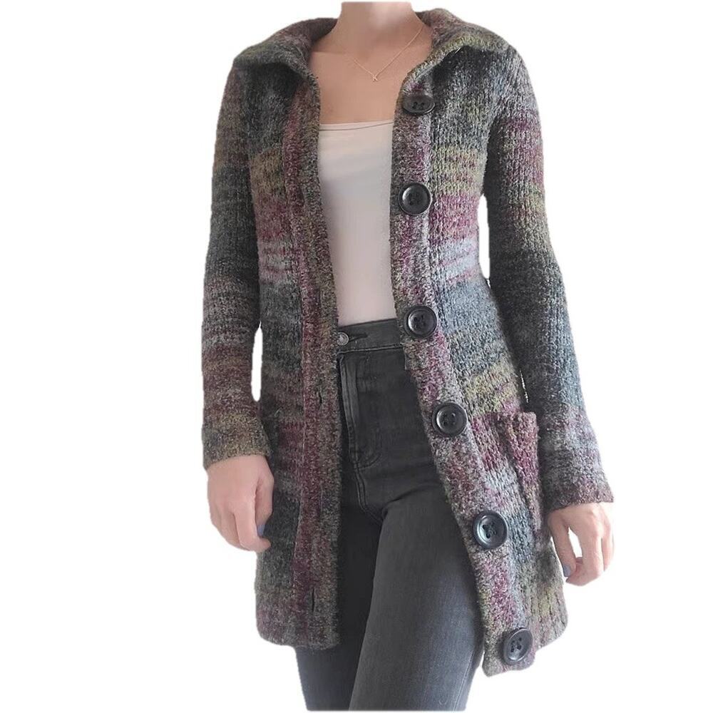 Joie Long Sleeve Button-Front Chunky Knit Cardigan Sweater Gray Multi Women's S